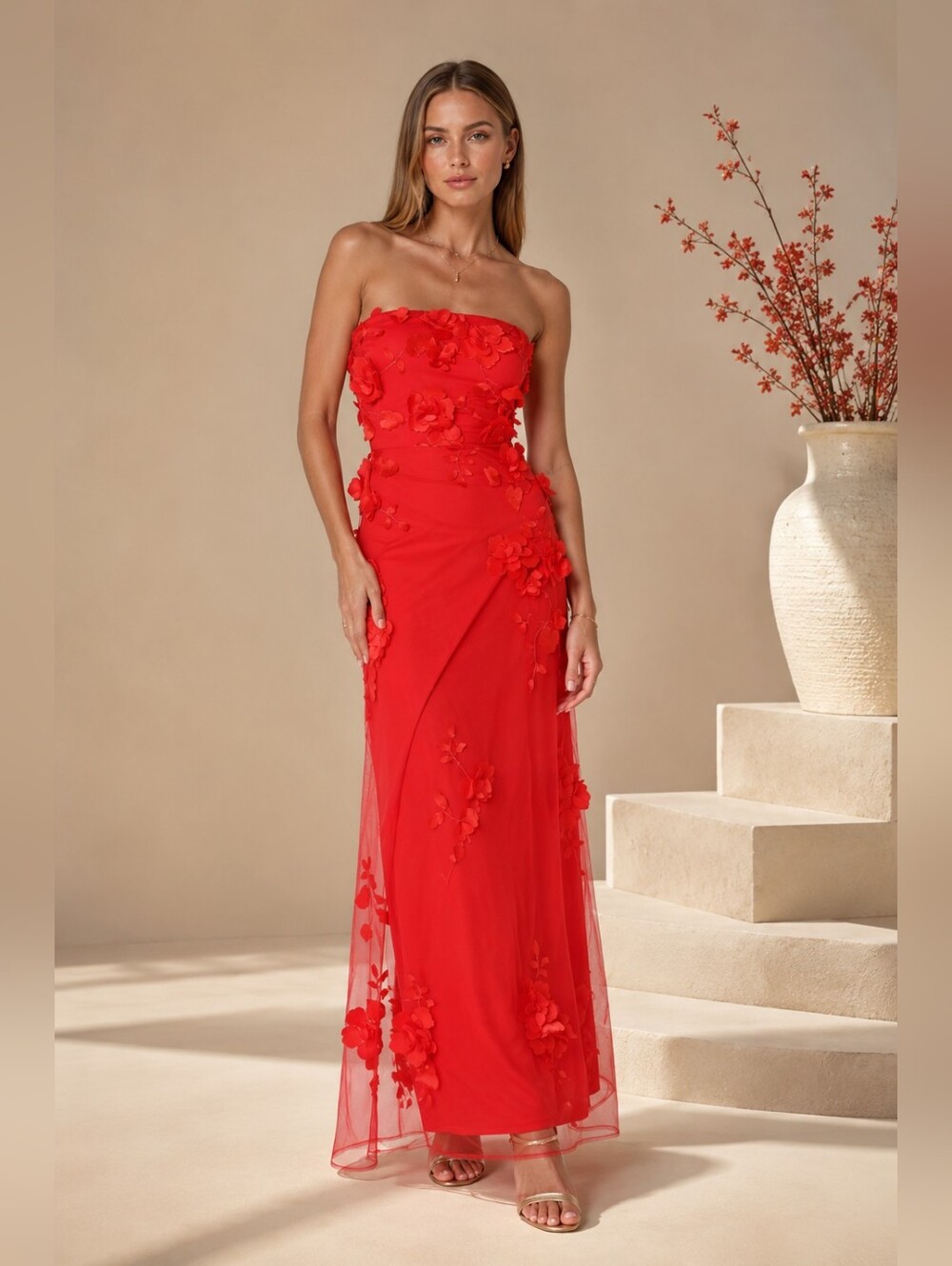 Lulus Remarkable Refinement Red Floral Strapless Maxi Dress 3D Appliqué Sz Small